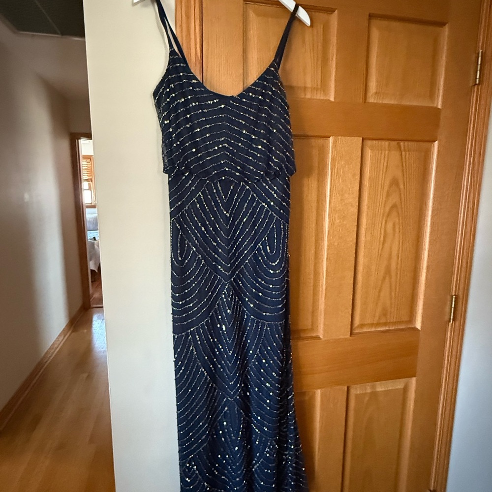 Adrianna Papell Midnight Blue Beaded Maxi Dress